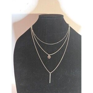 Silver Tone Necklace Layered Multistrand Small Circular Pendant and Bar Pendant